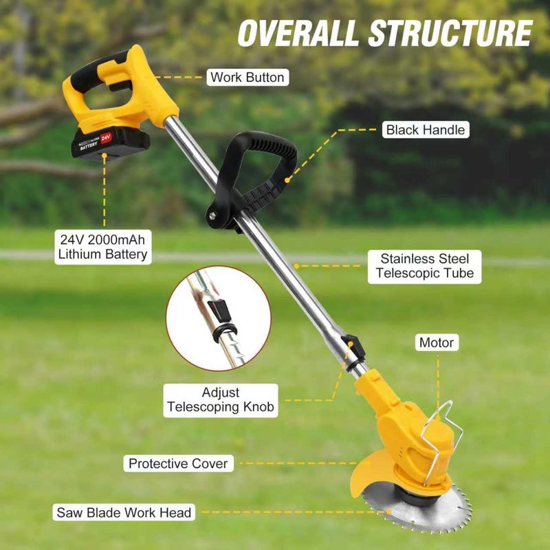ALSO GO 24V Electric Weed Wacker Cordless Grass Trimmer with 2x2000mAh Batteries & Fast Charger, 3 in 1 Stringless Lightweight Brush Cutter/Edger/Mower with 3 Types Blade & Wheels for Garden and Yard Lawn - Image 3